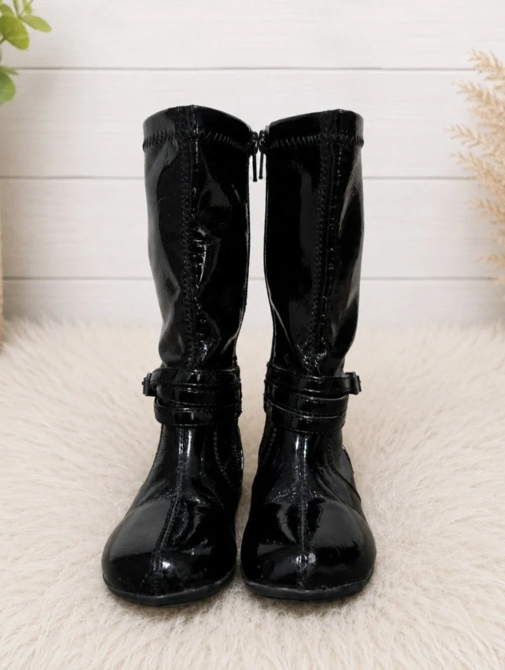Nordstrom Rack Toddler Girls Black Patent Tall Boots Buckle Zip Size 9
